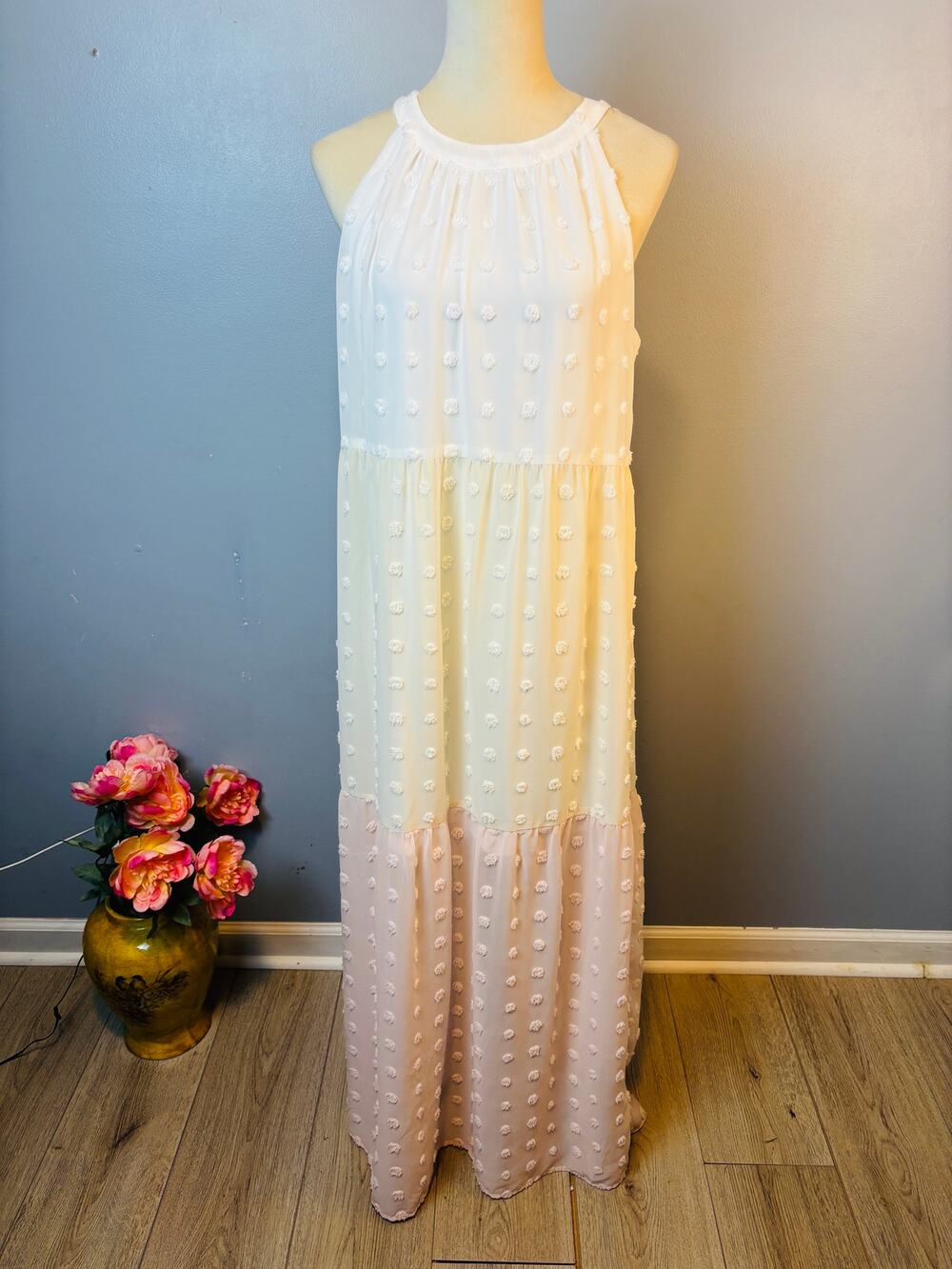 Andree By Unit Swiss Dot Pastel Colorblock Maxi Dress Halter Ethereal Large
